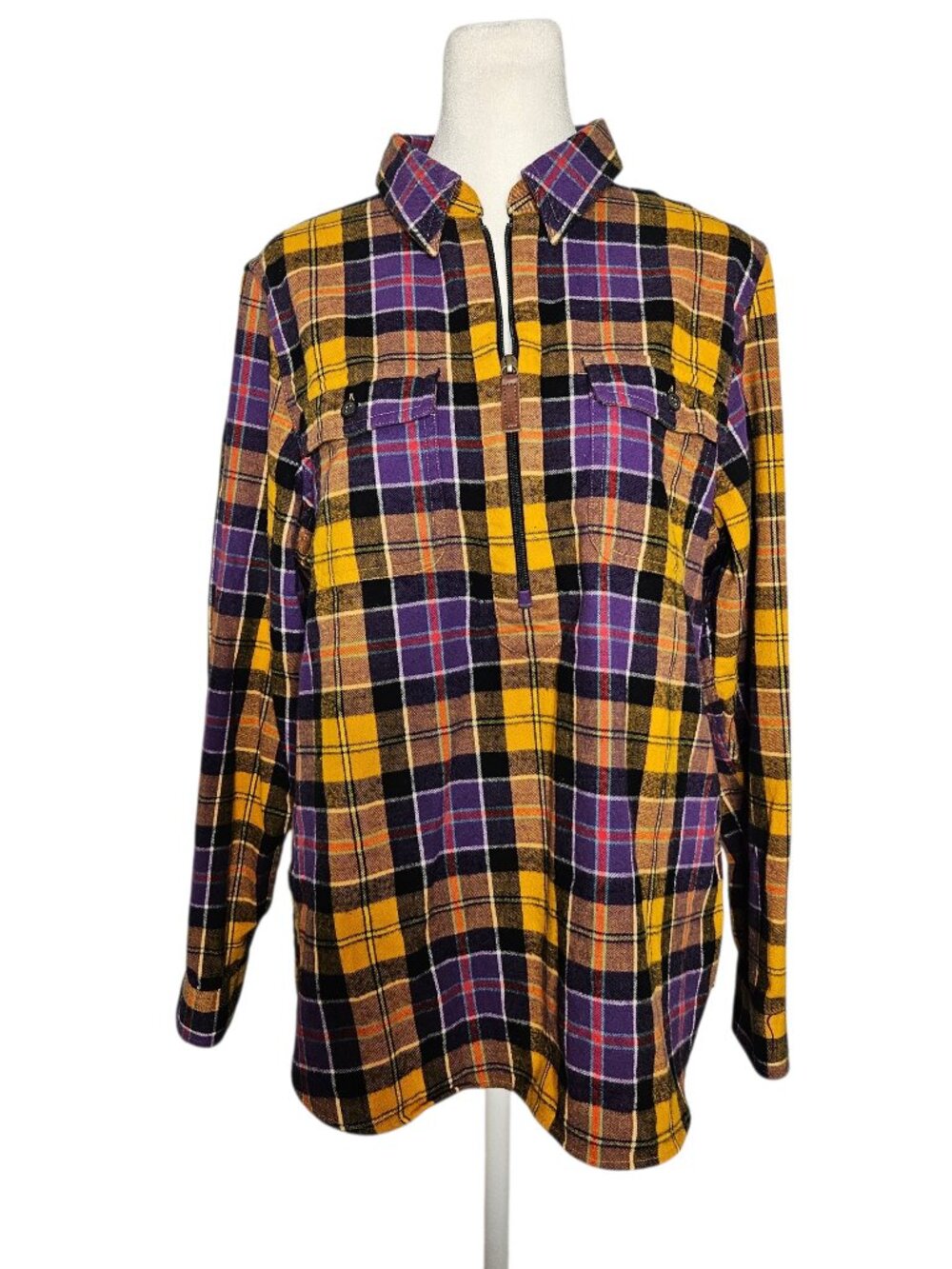 LL Bean Women's M Relaxed Fit Plaid Flannel Top Half Zip Cotton Popover Cottage